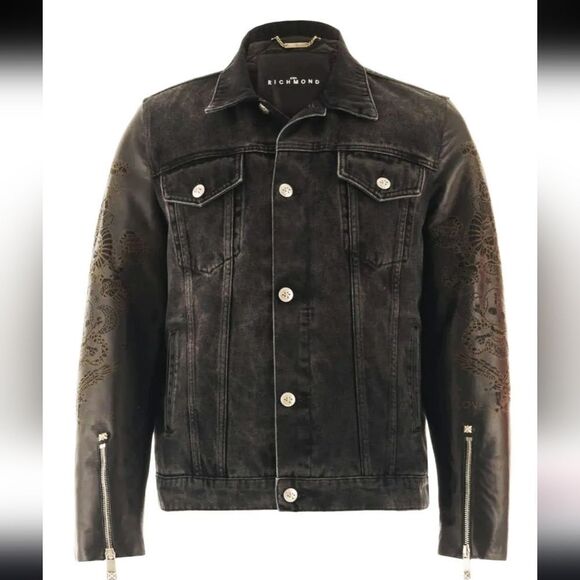John Richmond Other - John Richmond - Denim and Laser Cut Leather Jacket in Black Large